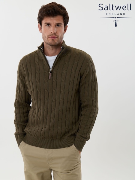 Grün - Regular Saltwell Cable Knit Cotton Funnel Neck Quarter Zip Jumper