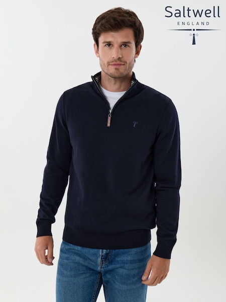 Blue - Regular Saltwell Cotton Funnel Neck Quarter Zip Jumper
