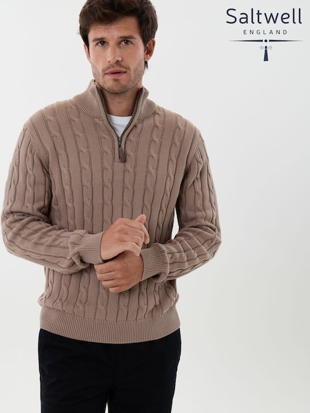 חום - Regular Saltwell Cable Knit Cotton Funnel Neck Quarter Zip Jumper