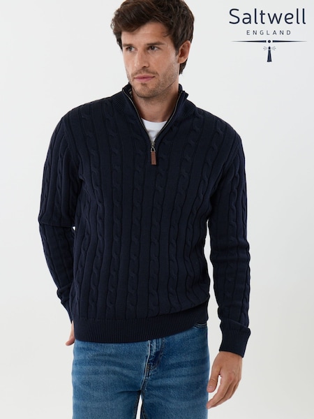 Blue - Regular Saltwell Cable Knit Cotton Funnel Neck Quarter Zip Jumper