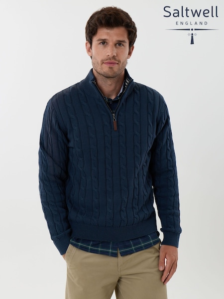 Blue - Regular Saltwell Cable Knit Cotton Funnel Neck Quarter Zip Jumper