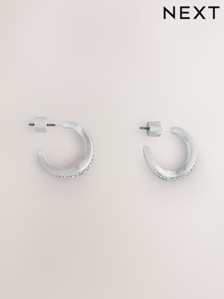 Silver Tone - Sparkle Pave Hoop Earrings