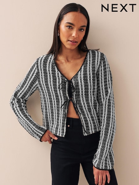 Črn/sivkasto bel črtast - Crochet Knit Tie Detail Textured Cardigan (601847) | € 18