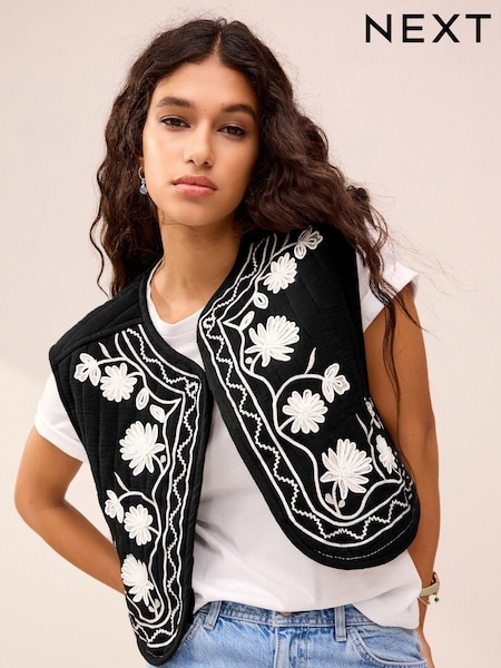 Monochrome Floral Embroidery Waistcoat (601905) | €22
