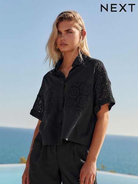 Black Broderie Mix Short Sleeve Shirt (601931) | €17