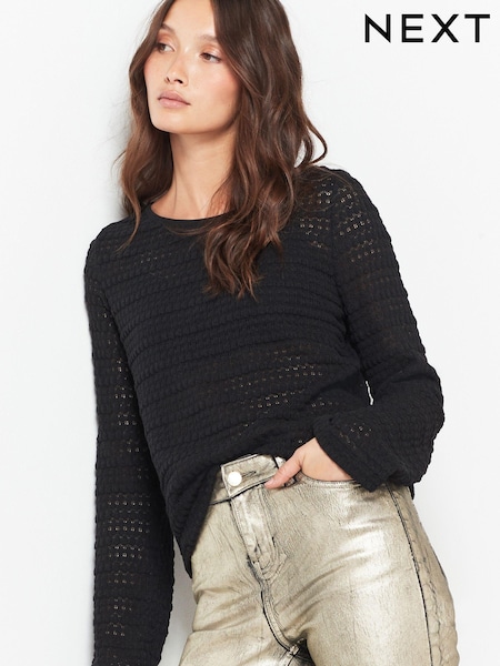 Black Crochet Texture Flute Long Sleeve Jumper Top (602172) | €9