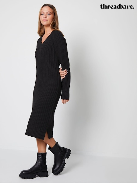 Threadbare Black V-Neck Knitted Midi Dress (602679) | €14