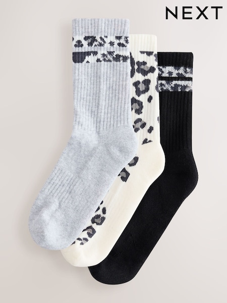Grey Animal Stripe - Cushion Sole Ribbed Sport Ankle With Arch Support Socks 3 Pack