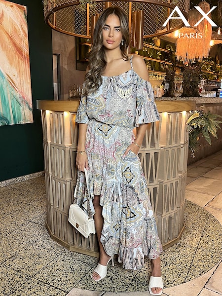 AX Paris Pink Paisley Multi Printed Cold Shoulder Asymmetric Smock Midi Dress (603426) | €31