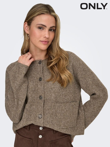 Braun - Only Round Neck Button Through Cardigan With Patch Pockets