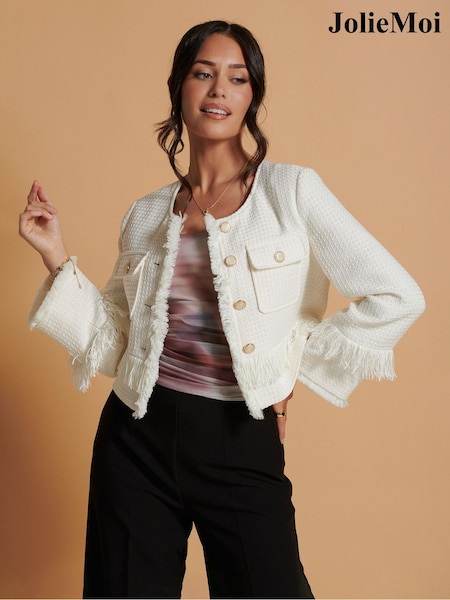 Jolie Moi Cream Tweed Fringe Hem Jacket (604161) | €25