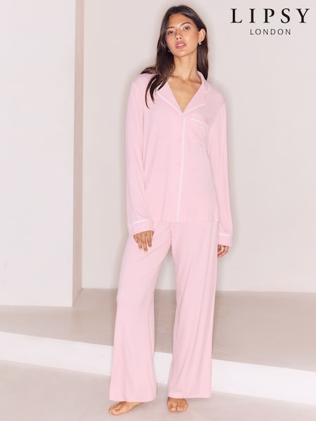 Pink - Lipsy Collared Soft Touch Rib Button Through Trouser Pyjamas Set