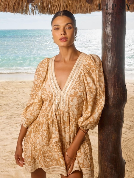 Lipsy Puff Sleeve V Neck Shift Holiday Shop Dress (604860) | 204 LEI