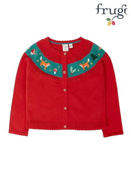 أحمر - Frugi Christmas Ishbel Embroidered Cardigan