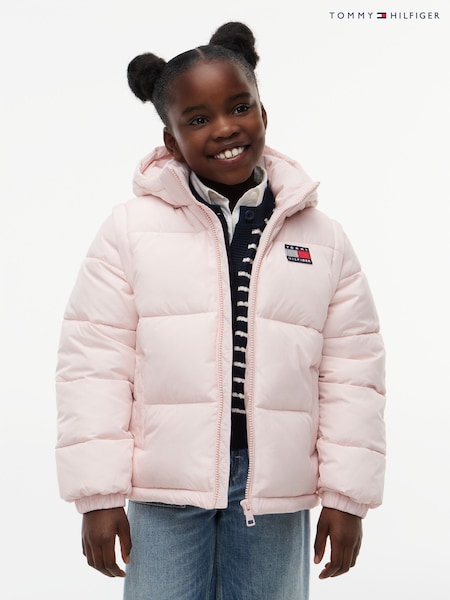 Pink - Tommy Hilfiger Heritage Back Logo Ripstop Puffer Jacket With Removable Sleeves