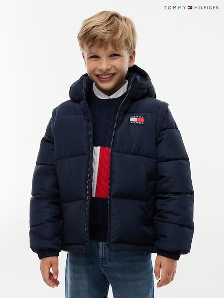 Dark Blue - Tommy Hilfiger Heritage Back Logo Ripstop Puffer Jacket With Removable Sleeves