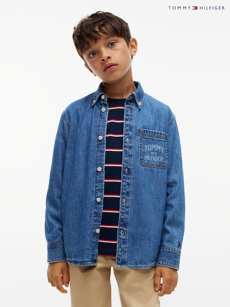 Blue - Tommy Hilfiger Regular Fit Faded Logo Denim Shirt