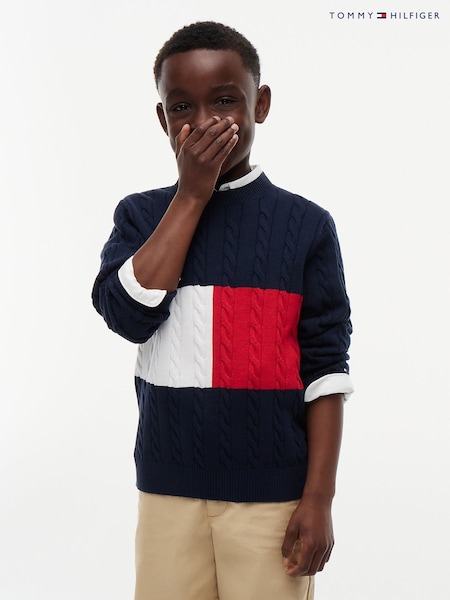 أزرق - كنزة محبوكة بخيوط طويلة متداخلة بياقة بحافة مستديرة من Tommy Hilfiger