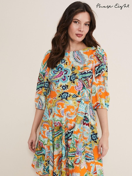 Phase Eight Orange Azalia Paisley Linen Swing Dress (605857) | €63