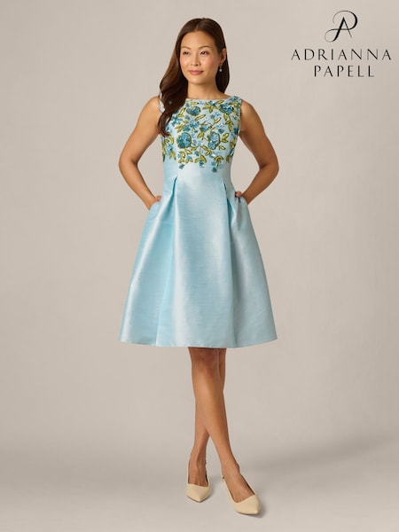 Blue - Adrianna Papell Beaded Shantung Dress
