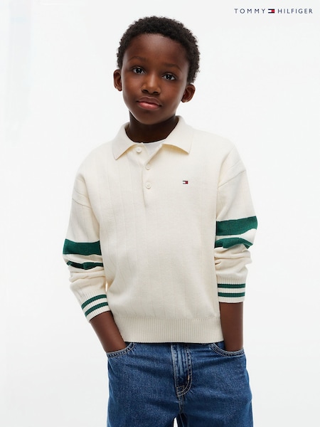 Cream - Tommy Hilfiger Textured Knit Flag Embroidery Polo Jumper