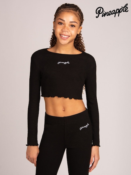 Black - Pineapple Long Sleeve Rib Crop Top