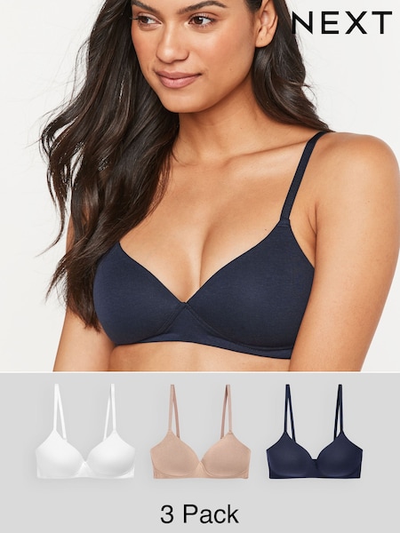White/Navy Blue/Pink Pad Non Wire Cotton Blend Ultimate Comfort Bras 3 Pack A-E (606341) | OMR13
