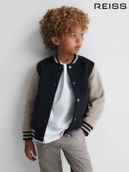 Reiss Navy/Stone Kansas Senior Wool Blend Varsity Bomber Jacket (606865) | €119