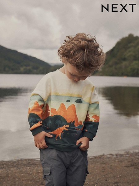 צבע כתום/ שמנת עם עיטור דינוזאור - Character Scene Crew Neck 100% Cotton Sweatshirt (3mths-7yrs) (608530) | ‏50‏₪ - ‏59‏ ₪
