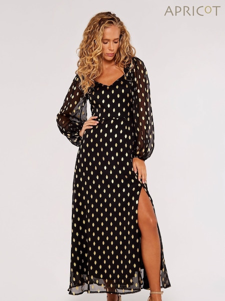 Apricot Black & Gold Foil Dot Chiffon Split Midi Dress (608683) | €43