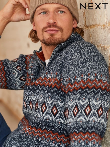 Темно-синий/Красный - Воротник с молнией - Fairisle Pattern Knitted Jumper (609264) | €8