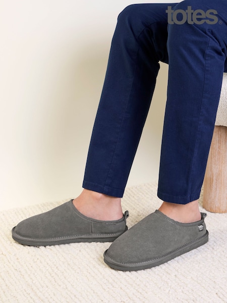 Grey - Regular Totes Suede Mule Slippers With Borg Lining