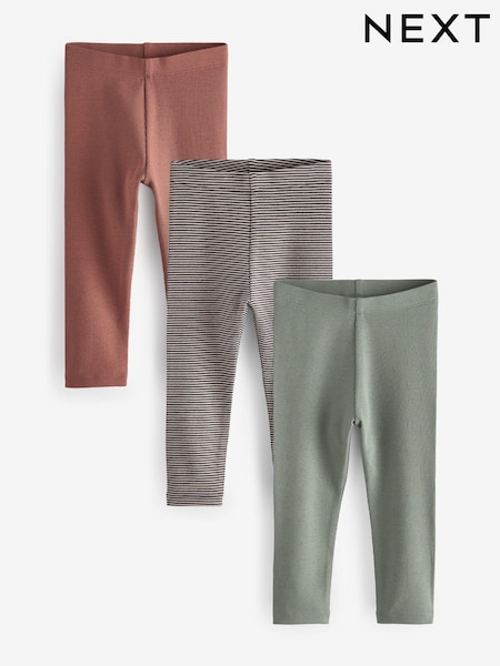 Rust Brown/Sage Green Stripe - All Over Print Ribbed Leggings 3 Pack (3mths-7yrs) (609363) | 14 € - 18 €
