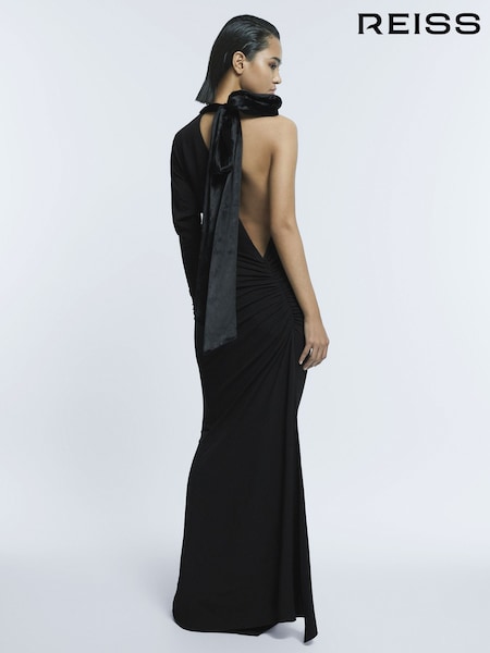 Reiss Black Helena Fitted One-Shoulder Velvet Bow Maxi Dress (609720) | €234
