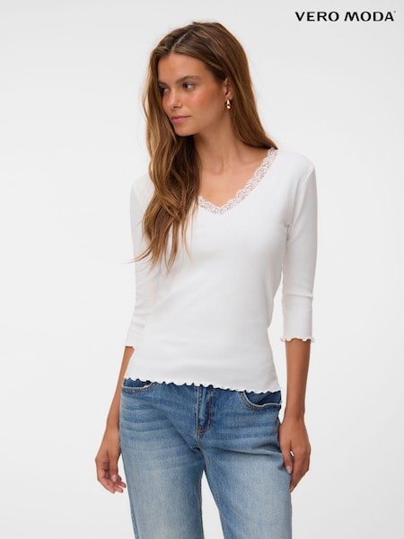 White - Vero Moda Lace Trim V-neck Top