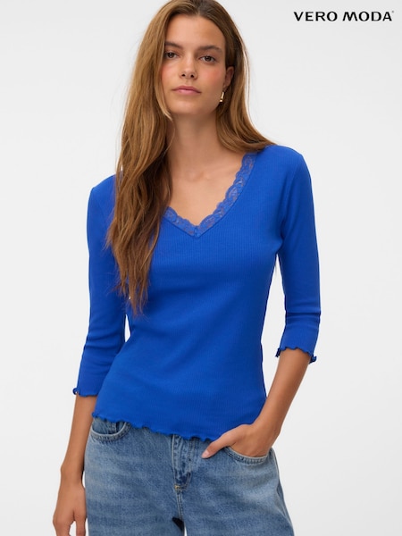 Blue - Vero Moda Lace Trim V-neck Top