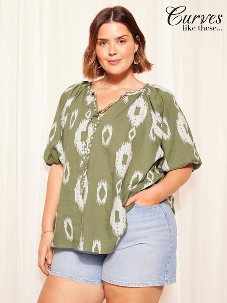 Curves Like These Linen Look Printed Tie Neck Blouse (610176) | 27 €