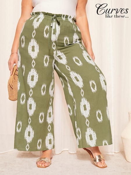 Curves Like These Khaki Green Linen Look Printed Wide Leg Trousers (610288) | €20