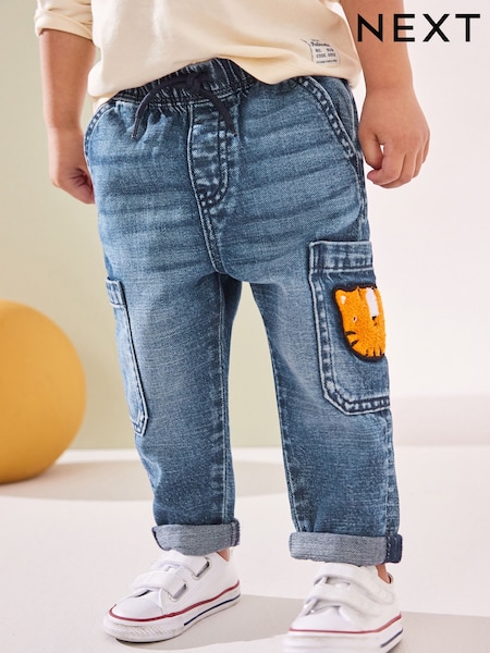 Mid Blue Denim with Tiger 100% Cotton Cargo Jeans (3mths-7yrs) (610295) | R$ 130 - R$ 150