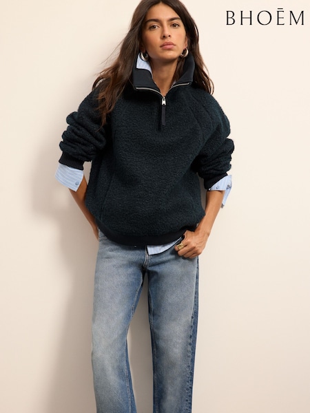 Azul marino - Chaquetas de borreguito con lana, cremallera corta y detalle de parche