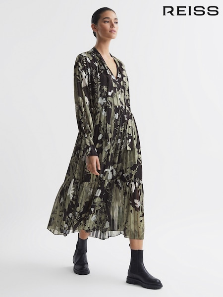 Reiss Green Lottie Floral Print Tie Neck Midi Dress (610788) | €62