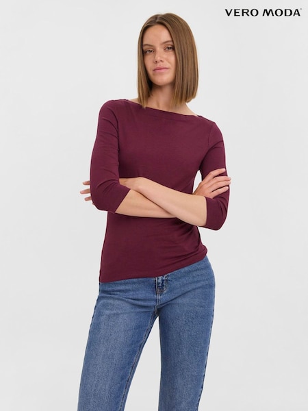 Red - Vero Moda 3/4 Sleeve Boat Neck T-shirt