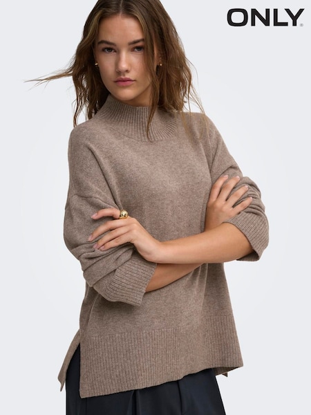 Brown - Only High Neck Longline Slit Jumper