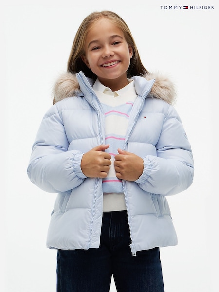 Albastru nuanță cer - Jachetă cu puf și garnitură din blană artificială Tommy Hilfiger Essential