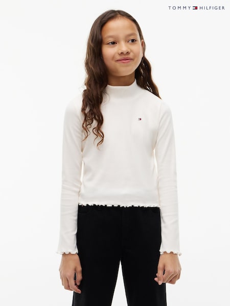 White - Tommy Hilfiger Essential Ruffle Ribbed Long Sleeve Top