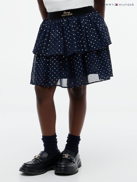 Blue - Tommy Hilfiger Metallic Polka Dot Tiered Skirt