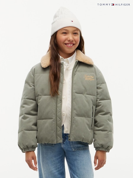 Жасыл - Tommy Hilfiger Teddy жағалы кордурой релаксацияланған пуффер күртеше
