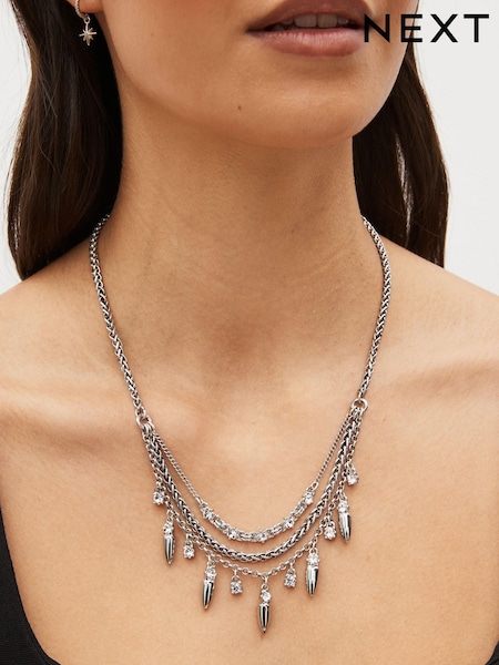 Silver Tone Multi Layered Sparkle Spike Drop Necklace (611897) | €9