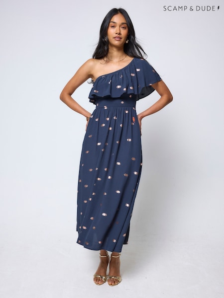 Синій - Scamp & Dude Foil Print One Shoulder Midi Dress