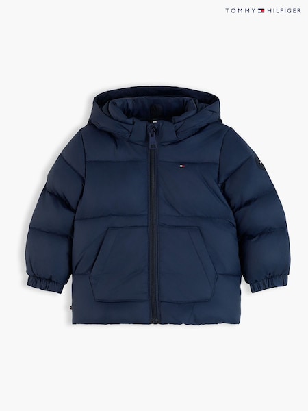 藍色 - Tommy Hilfiger Flag Embroidery Zip-thru Hooded Puffer Jacket